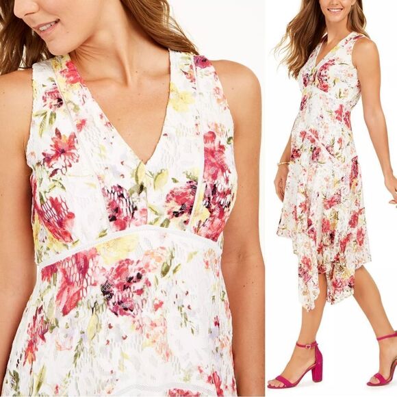 Taylor Floral-Print Lace Handkerchief-Hem Dress, Size 14 - Picture 3 of 13